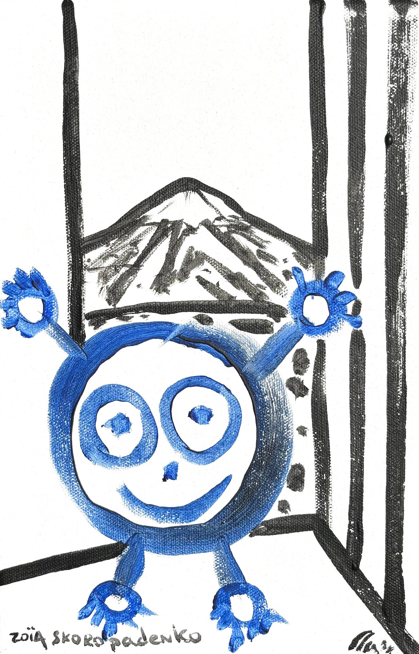 Original painting of a blue round figure with both arms raised in front of a black drawing of Mount Fuji, seen through a dark window-like frame, signed Zoia Skoropadenko